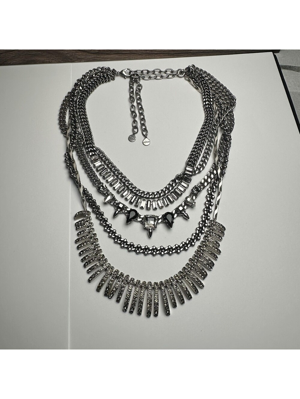 Stella & Dot Boho Multi Strand Layered Rhinestone Statement Necklace Silver Tone